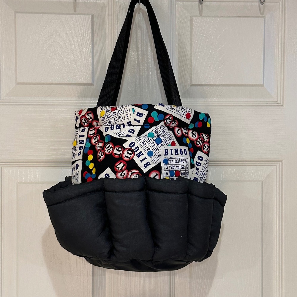 Handmade Quilted Bingo Dauber Bag 10 Pocket Tote Novelty Print Black